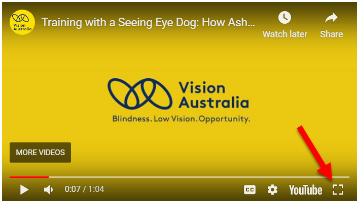 Youtube player screenshot with arrow pointing to fullscreen button.