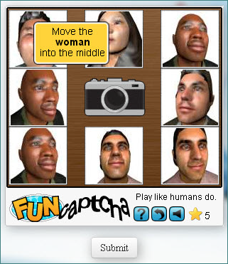 FunCAPTCHA example. To complete the test “Move the woman into the middle” users must select the correct picture and move it. 