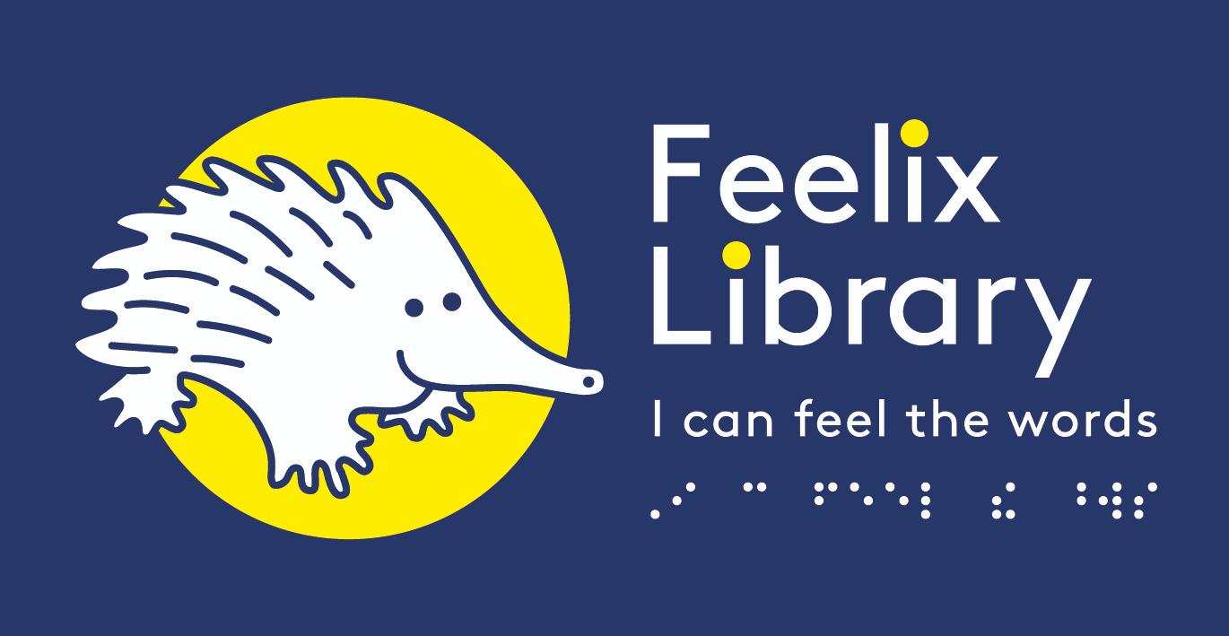 The logo of the Feelix library. There is a cartoon picture of an echidna and the font reads "Feelix Library: I can feel the words"