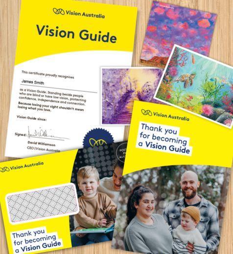 A collage of the items you will receive as a Vision Guide
